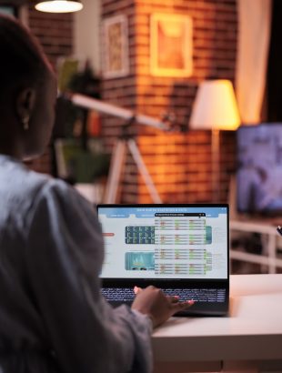 entrepreneur looking at revenue statistics data on laptop screen
